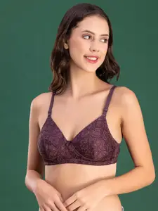 DressBerry Burgundy Floral Self Design Medium Coverage T-shirt Bra With All Day Comfort
