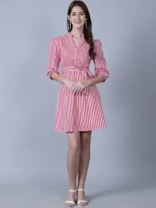 MARC LOUIS Mandarin Collar Vertical Striped Cotton Fit & Flare Dress