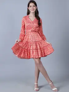 MARC LOUIS Floral Printed Bell Sleeves Cotton Fit & Flare Dress