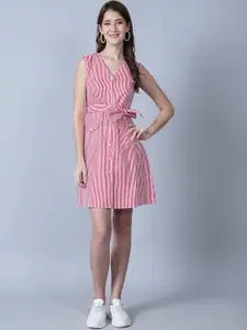 MARC LOUIS Vertical Striped V Neck Cotton Fit & Flare Dress