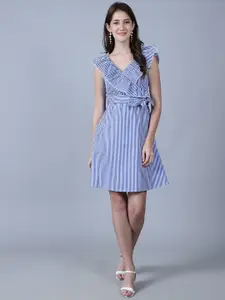 MARC LOUIS Vertical Striped Flutter Sleeve Cotton Fit & Flare Dress