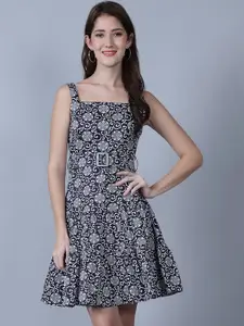 MARC LOUIS Geometric Printed Shoulder Straps Cotton Fit & Flare Dress