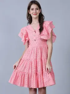 MARC LOUIS Self Design Ruffle Flutter Sleeve Cotton Fit & Flare Dress
