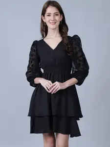 MARC LOUIS Puff Sleeve Georgette Fit & Flare Dress