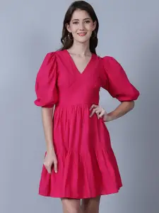 MARC LOUIS Cotton Puff Sleeves Fit & Flare Dress