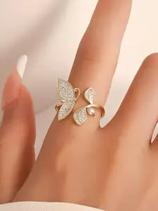 Goho Silver Stone Studded Adjustable Leaf Ring