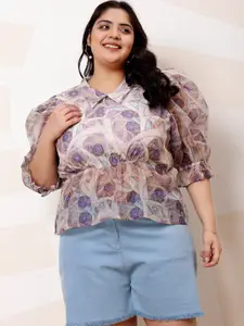 Athena Ample Plus Size Floral Printed Shirt Collar Puff Sleeves Organza Top
