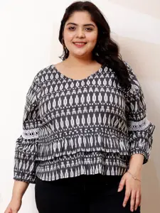 Athena Ample Plus Size Ethnic Printed Puff Sleeves Lace Cotton Top