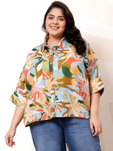 Athena Ample Plus Size Floral Printed Kimono Sleeve Linen Shirt Style Top