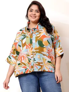 Athena Ample Plus Size Floral Printed Kimono Sleeve Linen Shirt Style Top