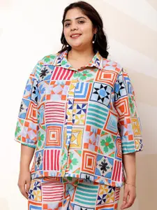Athena Ample Plus Size Geometric Printed Linen Casual Shirt