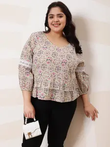Athena Ample Plus Size Floral Printed Puff Sleeves Lace Cotton Top