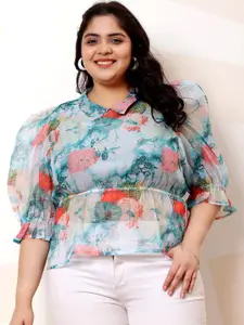 Athena Ample Plus Size Floral Printed Shirt Collar Puff Sleeves Organza Top