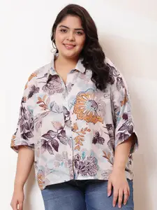 Athena Ample Plus Size Floral Print Kimono Sleeve Linen Shirt Style Top