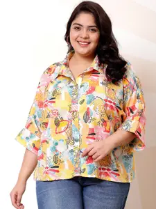 Athena Ample Plus Size Floral Printed Kimono Sleeve Linen Shirt Style Top
