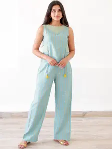 Ambraee Striped Pure Cotton Top & Palazzos Co-Ords Set