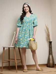 Stylum Floral Print V-Neck Short Puff Sleeves Cotton A-Line Dress