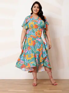 Athena Ample Plus Size Floral Print Ruffled Crepe A-Line Midi Casual Dress