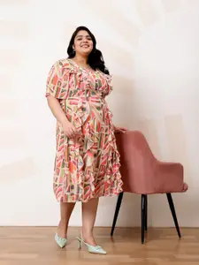 Athena Ample Plus Size Abstract Print Ruffled Georgette A-Line Midi Casual Dress
