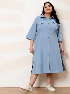 Athena Ample Plus Size Denim Shirt Collar Shirt Midi Casual Dress