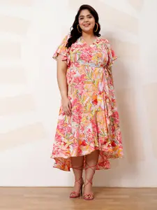 Athena Ample Plus Size Floral Print Flutter Sleeve Ruffled Crepe A-Line Midi Casual Dress