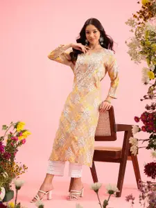 ADA Floral Printed Notch Neck Regular Sleeves Embroidered Cotton Silk Straight Kurta