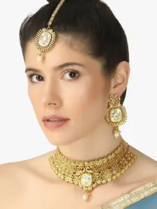 Adwitiya Collection 24 CT Gold-Plated Kundan-Studded & Beaded  Necklace & Earrings
