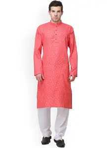 Exotic India Mandarin Collar Floral Printed Regular Pure Cotton Kurta with Pyjamas