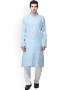 Exotic India Floral Printed Mandarin Collar Regular Pure Cotton Kurta with Pyjamas