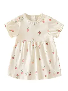 StyleCast x Revolte Girls Beige Floral Printed Cotton A-Line Dress