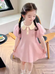 StyleCast x Revolte Girls Pink & White Puff Sleeve Peter Pan Collar A-Line Dress