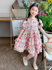 StyleCast x Revolte Girls Red & White Floral Print Puff Sleeves Layered Fit & Flare Dress