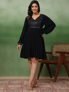 Sangria Black Embellished V-Neck A-Line Ethnic Dress