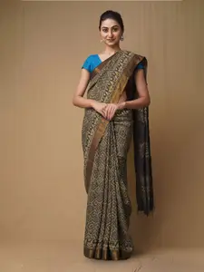 Unnati Silks Ajrak Block Zari Pure Silk Handloom Chanderi Saree