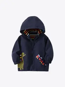 StyleCast x Revolte Boys Navy Blue Hooded Reversible Bomber Jacket with Embroidered