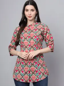 Divena Red Geometric Print Mandarin Collar Cotton Longline Casual Top