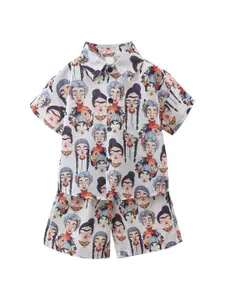 StyleCast x Revolte Boys White & Blue Printed Shirt with Shorts