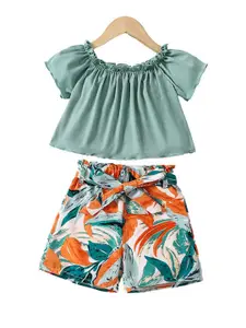 StyleCast x Revolte Girls Green & White Round Neck Top with Shorts