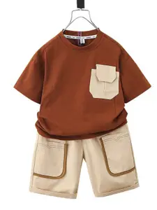 StyleCast x Revolte Boys Brown & Cream Round Neck Colourblocked T-shirt with Shorts
