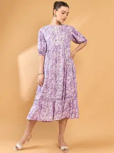 all about you Floral Print Puff Sleeve A-Line Midi Dress