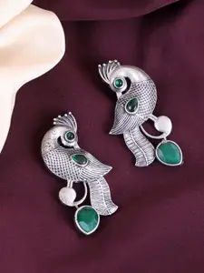 PANASH Silver-Plated Oxidised Peacock Shaped Drop Earrings