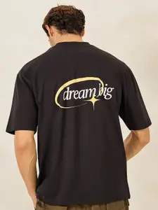 Styli Black Typography Printed Drop-Shoulder Sleeves Embroidered Oversized T-shirt