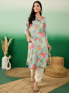 Sangria Notch Neck Floral-Printed Straight Kurtas