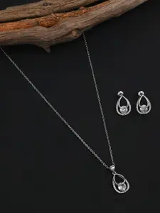 E2O Metal Silver-Plated Stone-Studded Pendant With Earrings