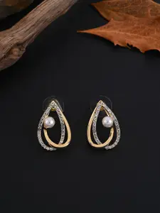 E2O Gold-Plated Stone Studded & Beaded Teardrop Shaped Studs Earrings