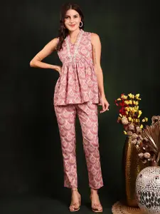 Claura Printed Pure Cotton Top With Trousers Co-Ords