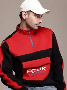 FCUK Colourblocked Oversized Pocket Half Zipper Sweatshirt