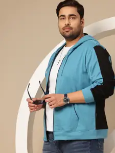 Sztori Plus Size Iron Man Printed & Colourblocked Hooded Zip-Up Sweatshirt