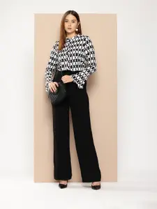 her by invictus Geometric Printed Band Collar Bell Sleeves Casual Shirt