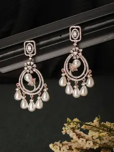 Saraf RS Jewellery Rose Gold Plated Zircon Studded Pearl Beaded Drop Earrings